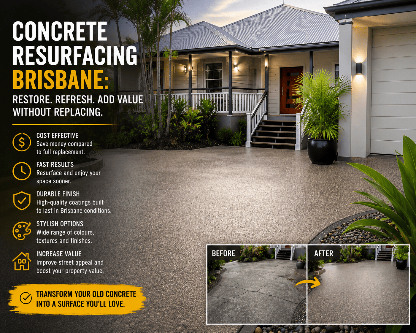 Infographic-style ad for concrete resurfacing in Brisbane, highlighting cost savings, fast results, durable finish, stylish options, and increased property value with a before/after comparison panel.