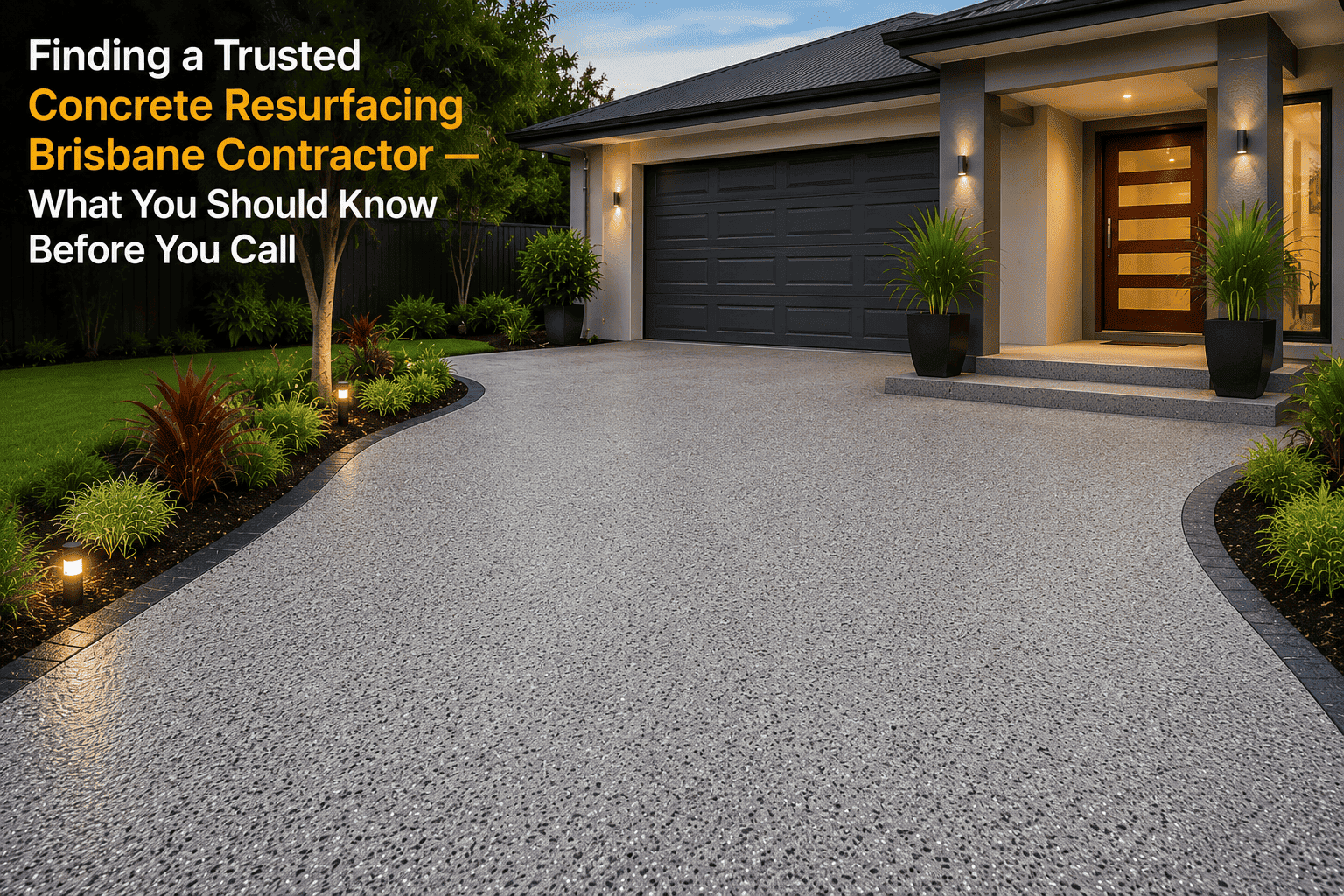 Modern house with a speckled concrete driveway leading to a two-car garage, bordered by plants, overlaid by the article title about finding a trusted Brisbane concrete resurfacing contractor — what you should know before you call.