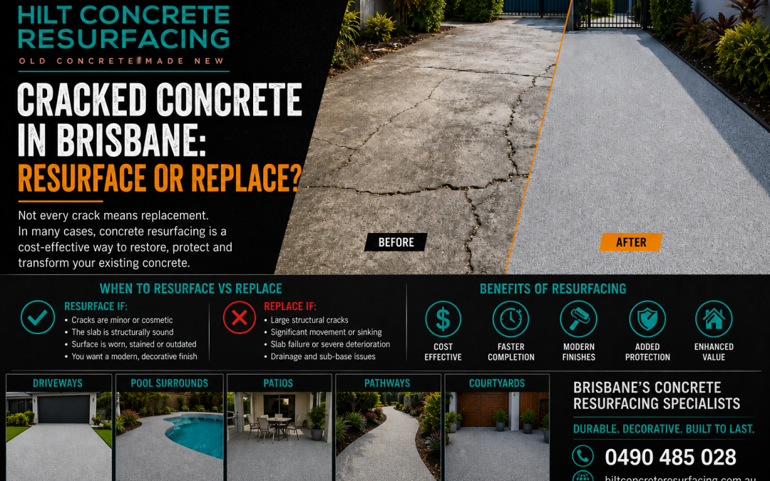 Infographic about Brisbane cracked concrete: before vs after resurfacing with sections on when to resurface and benefits and services.