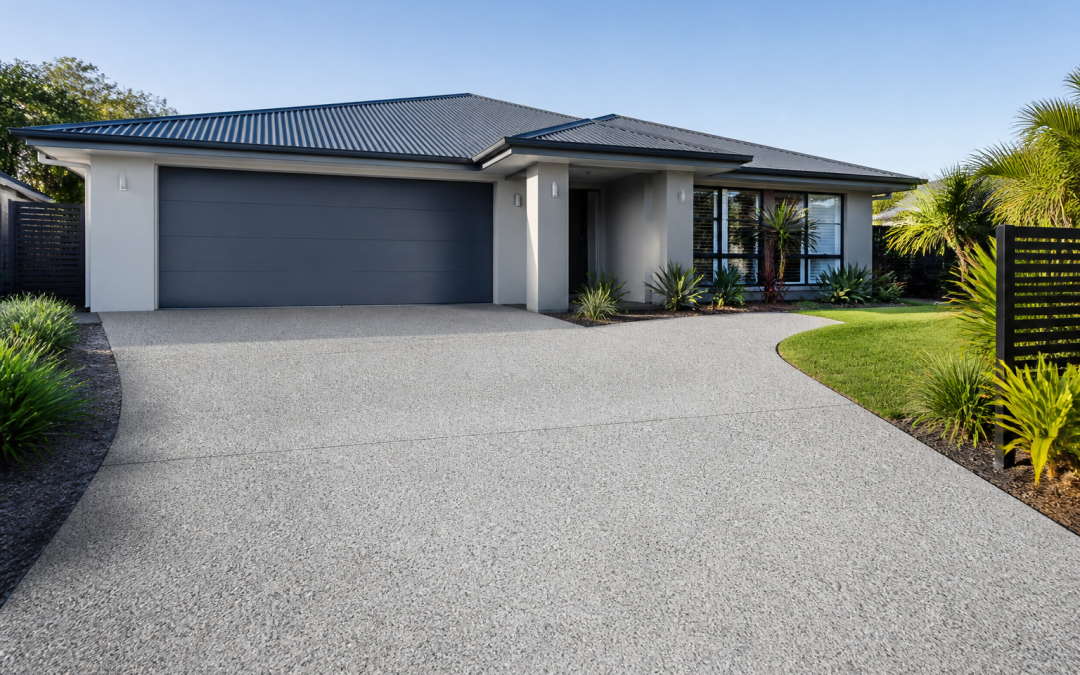 Freshly resurfaced concrete driveway at a modern home.