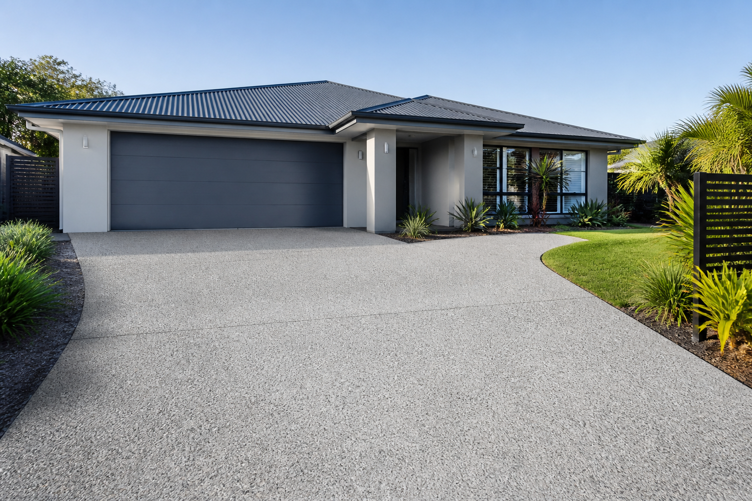 Freshly resurfaced concrete driveway at a modern home.
