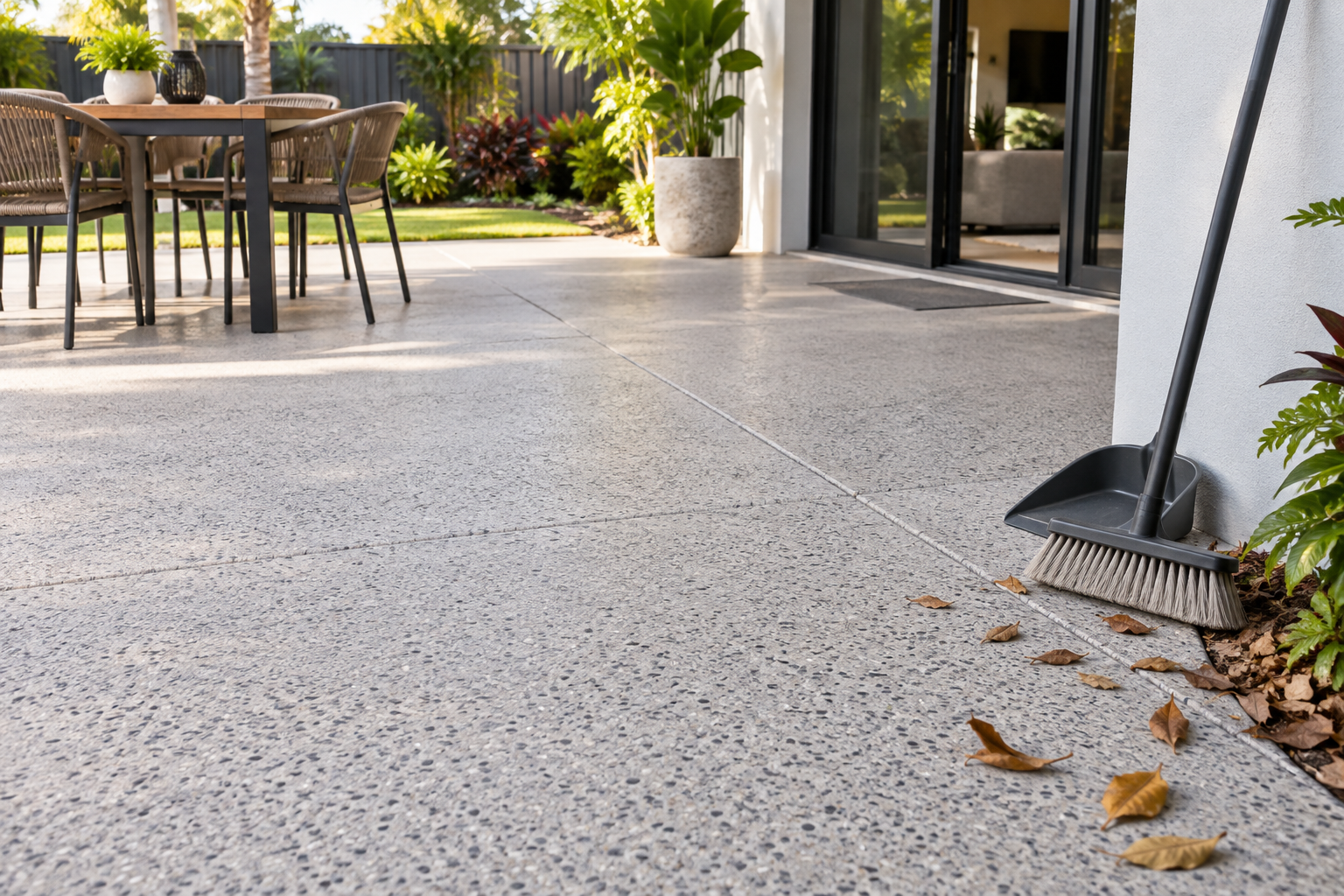A broom and dustpan beside a clean textured concrete patio illustrate gentle routine care of a resurfaced area